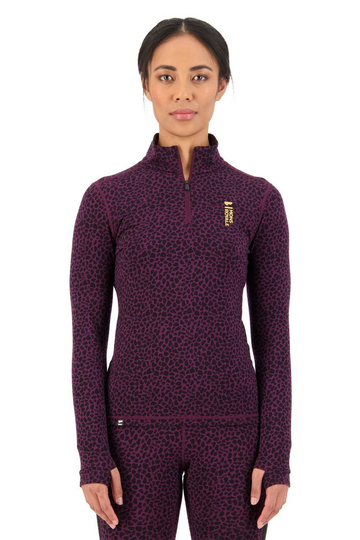 Mons Royale Naisten Cascade Flex 200 1/4 Zip pitkähihainen paita - Merinovillaa, Winter Leopard / S