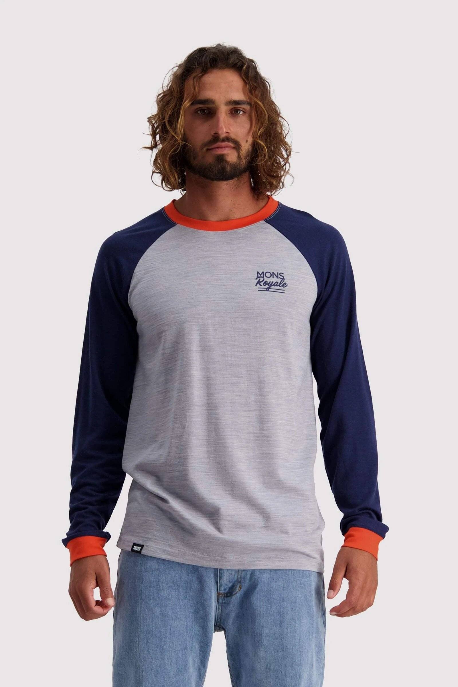 Mons Royale Miesten The Go To Raglan Pitkähihainen merinovillapaita, Navy / Grey Marl / S