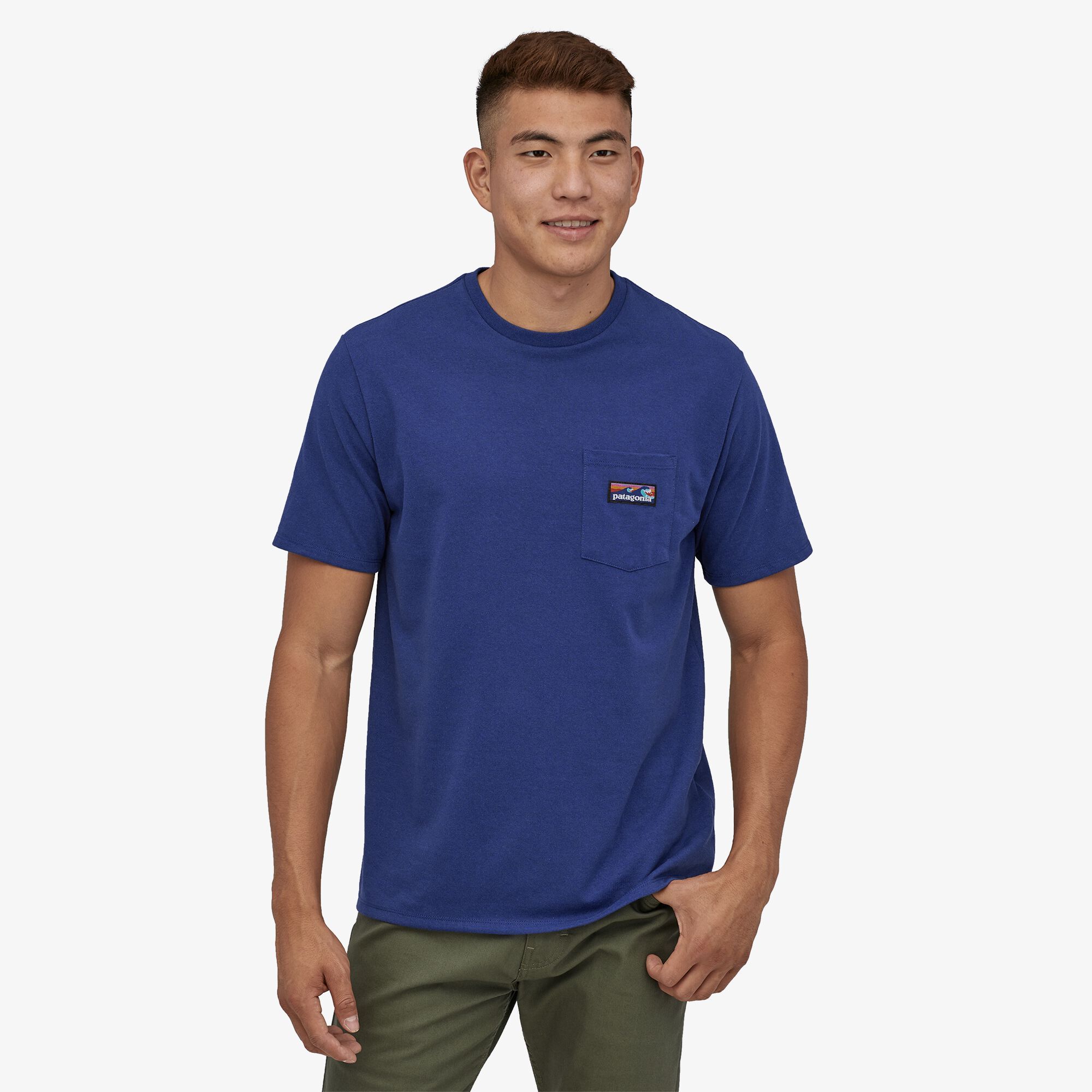 Patagonia Men's Boardshort Label Pocket Responsibili-Tee - Bluesign Approved Fabric, Superior Blue / S