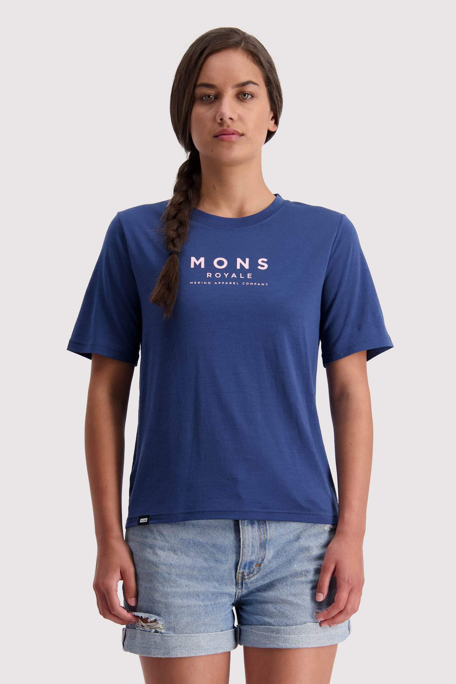 Mons Royale Naisten Icon Relaxed T-paita merinovillasta, Dark Denim / S