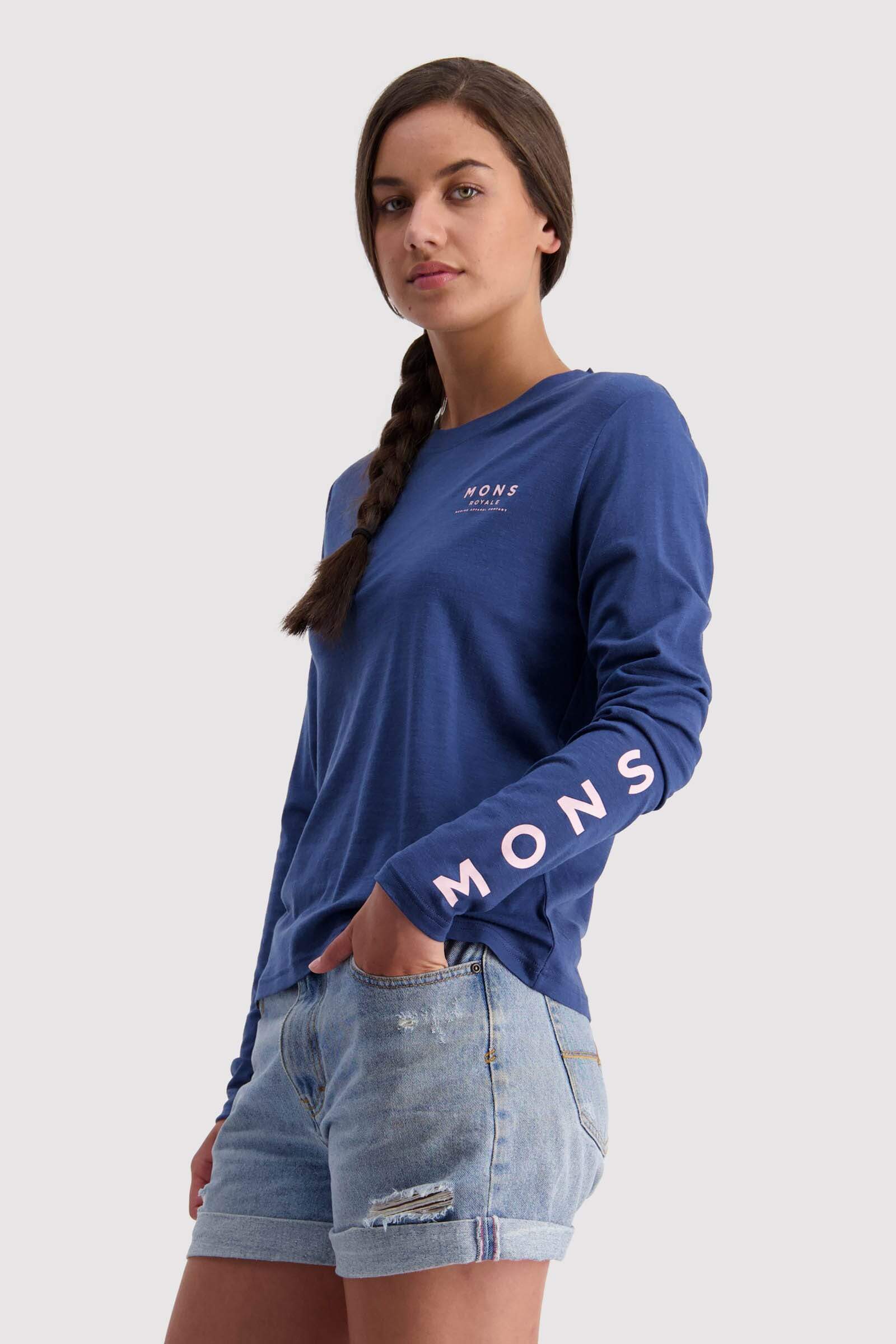 Mons Royale Naisten Icon Relaxed pitkähihainen merinovillapaita, Dark Denim / S