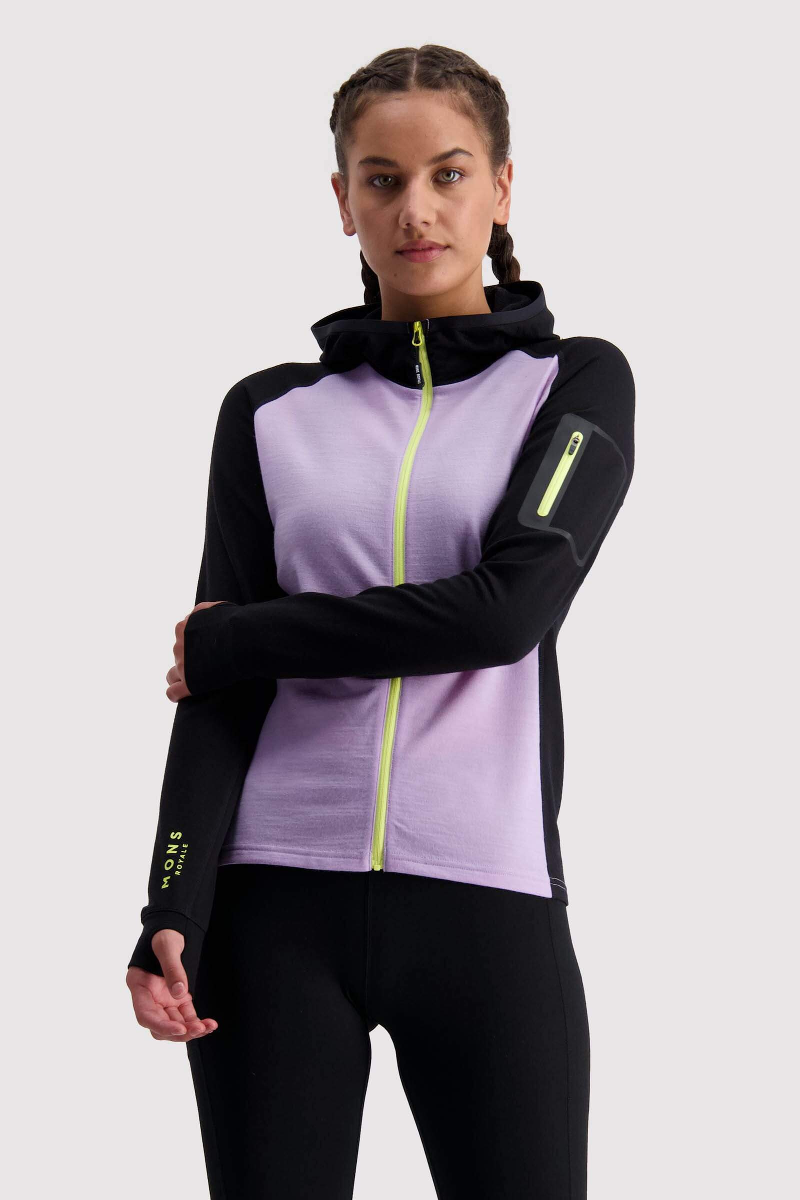 Mons Royale Naisten Ascend Midi Full Zip Huppari - Merinovillaa, Lilac / Black / M