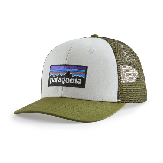 Unisex P-6 Logo Trucker Lippis - Luomupuuvillaa ja kierrätettyä polyesteria, White w/Palo Green