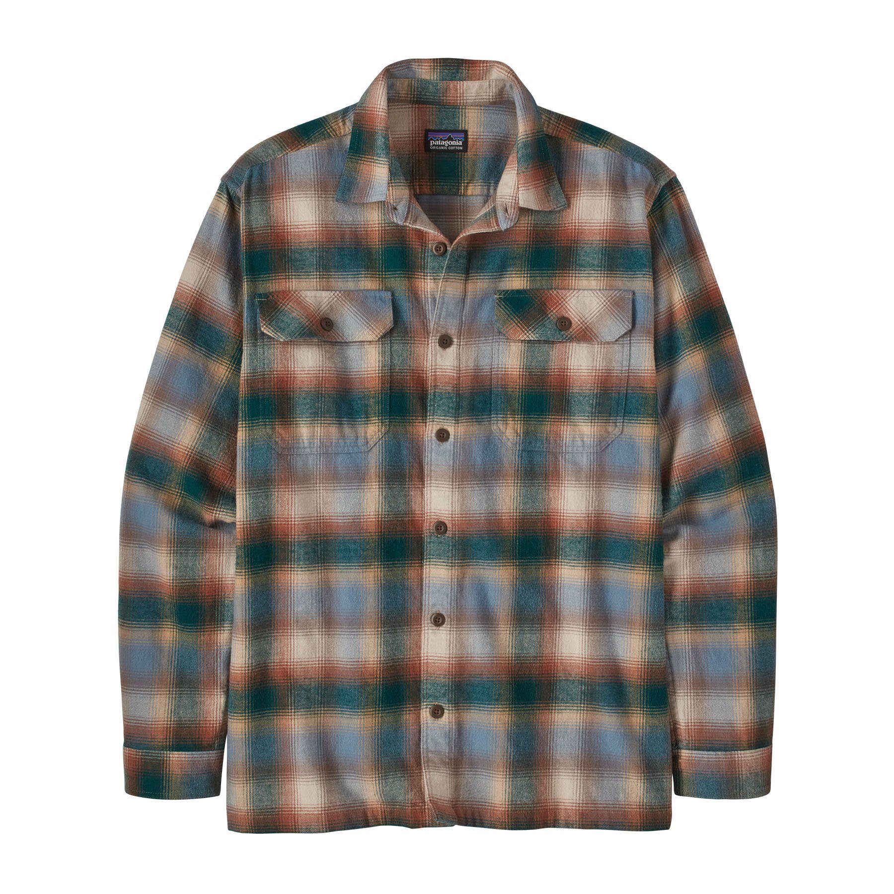 Patagonia Men's Long-sleeved Fjord Flannel Shirt - Organic Cotton, Northern Lights Plaid: Dark Borealis Green / S