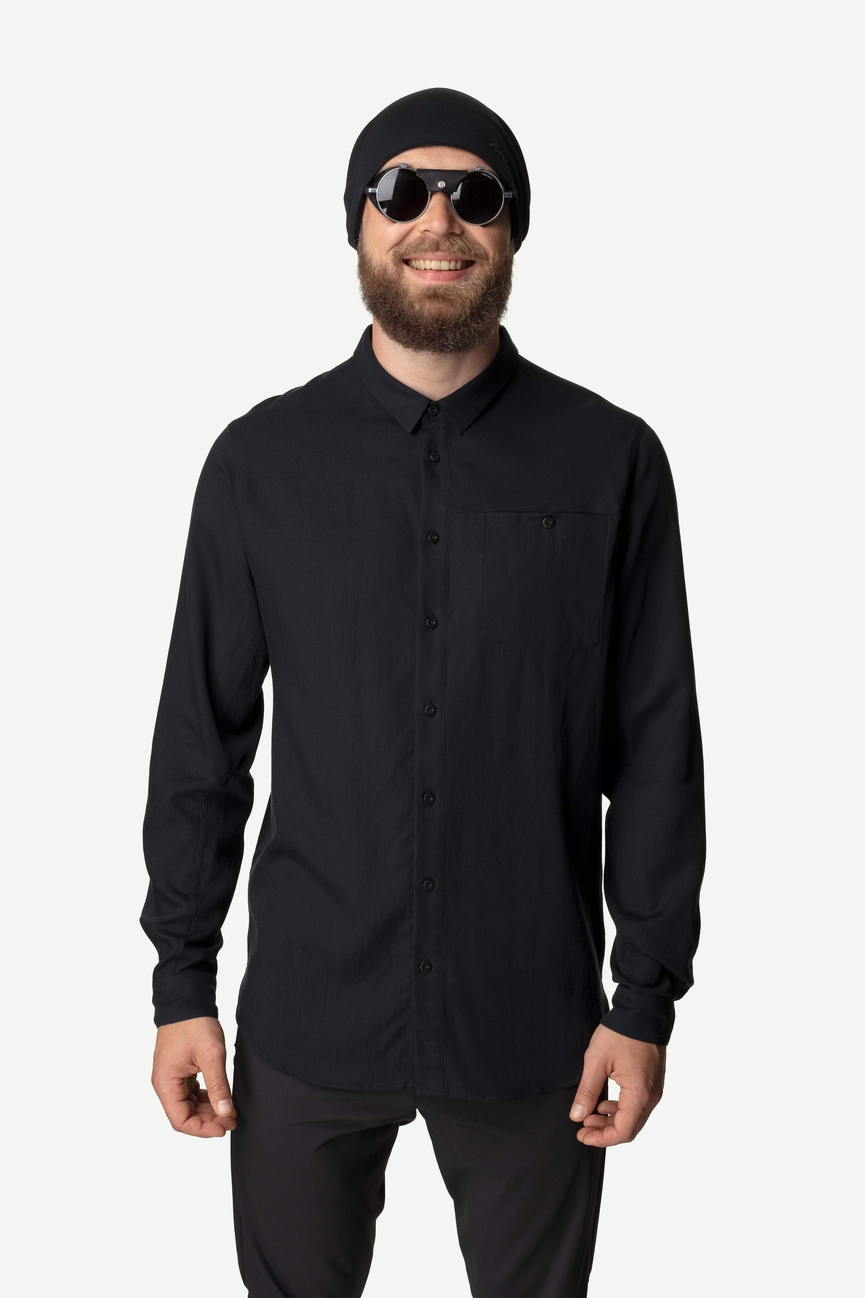 Miesten Houdini Out And About Shirt – merinovillainen pitkähihainen kauluspaita, True Black / L