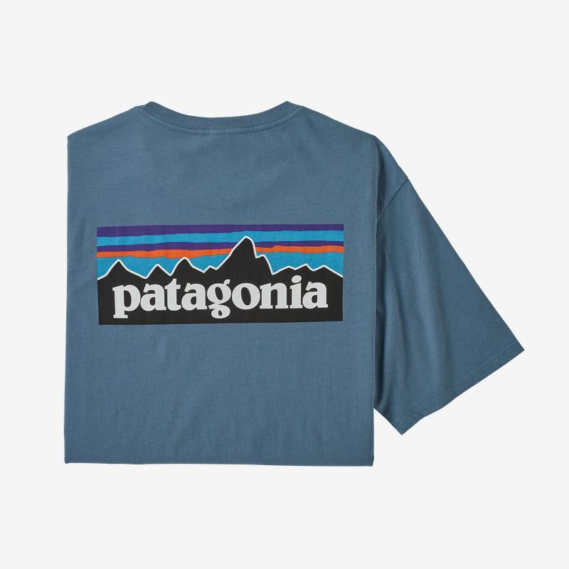 Miesten t-paita: Patagonia P-6 Logo Organic - 100 % Luomupuuvillaa, Pigeon Blue / M
