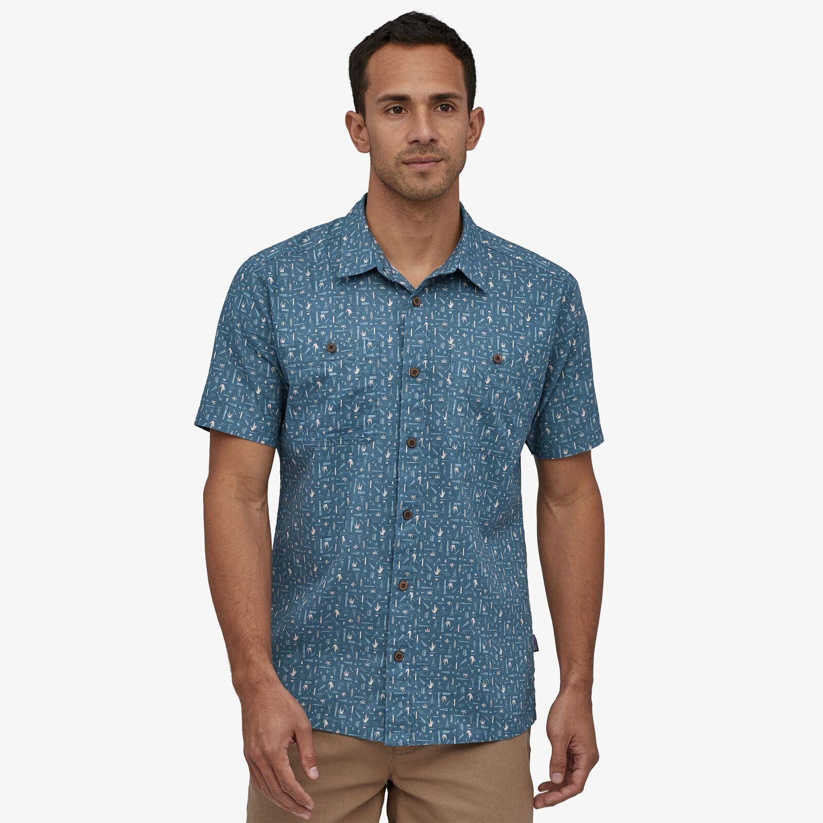 Patagonia Men's Back Step Paita - Hamppua ja luomupuuvillaa, Swamp Stamp Multi: Pigeon Blue / M