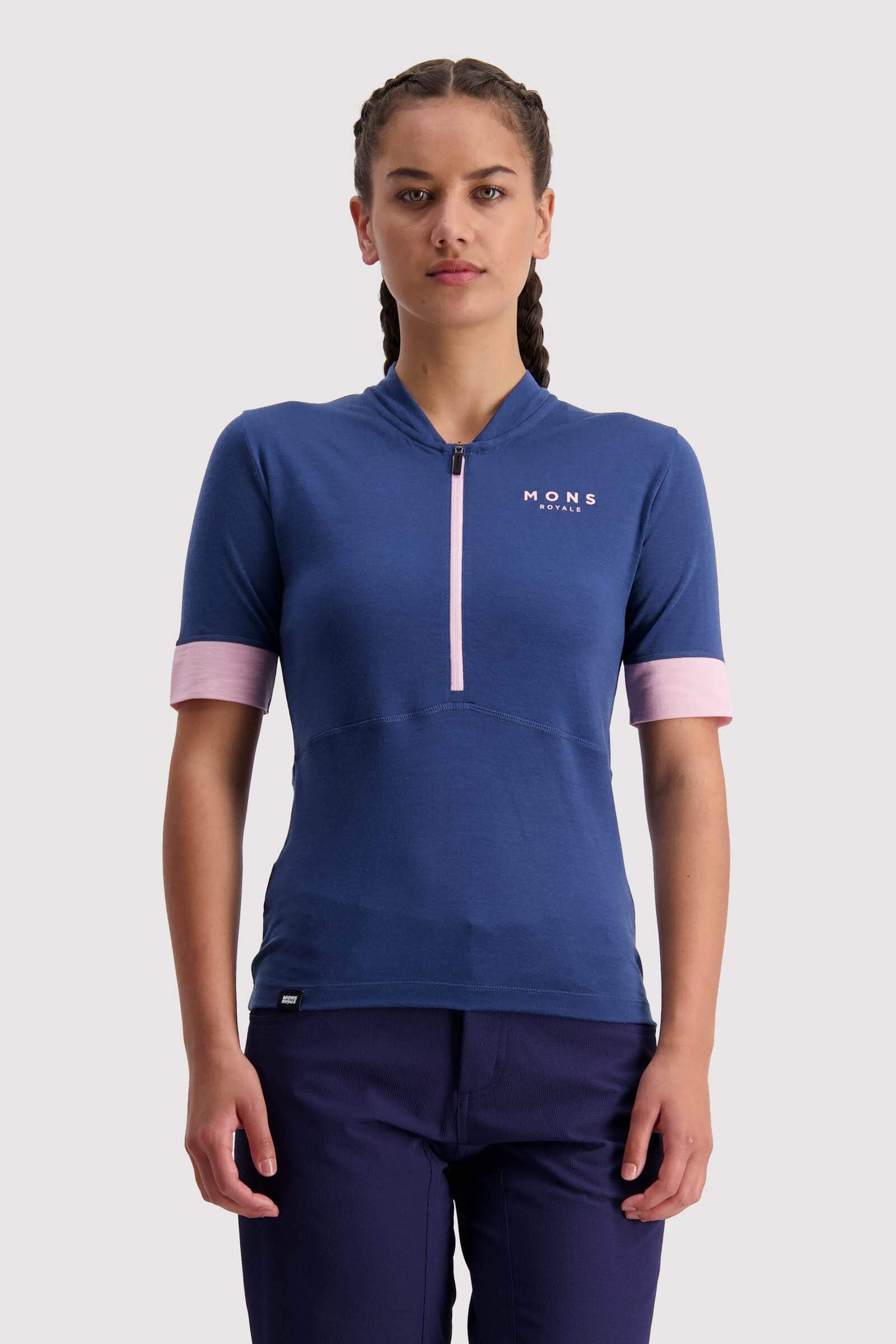 Mons Royale Naisten Cadence Half Zip T-paita merinovillasta, Dark Denim / S