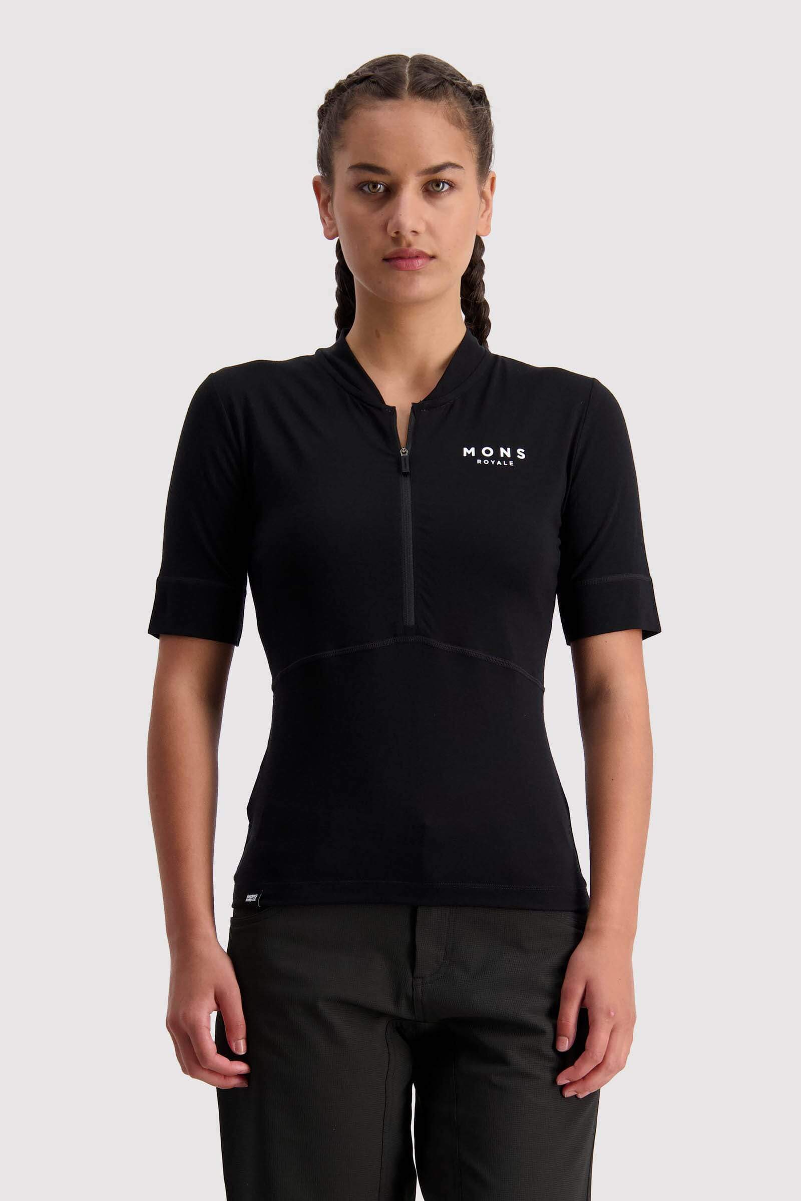Mons Royale Naisten Cadence Half Zip T-paita merinovillasta, Black / S