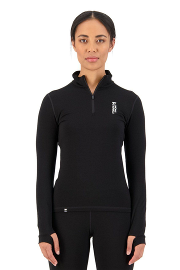 Mons Royale Naisten Cascade Flex 200 1/4 Zip pitkähihainen paita - Merinovillaa, Black / XS