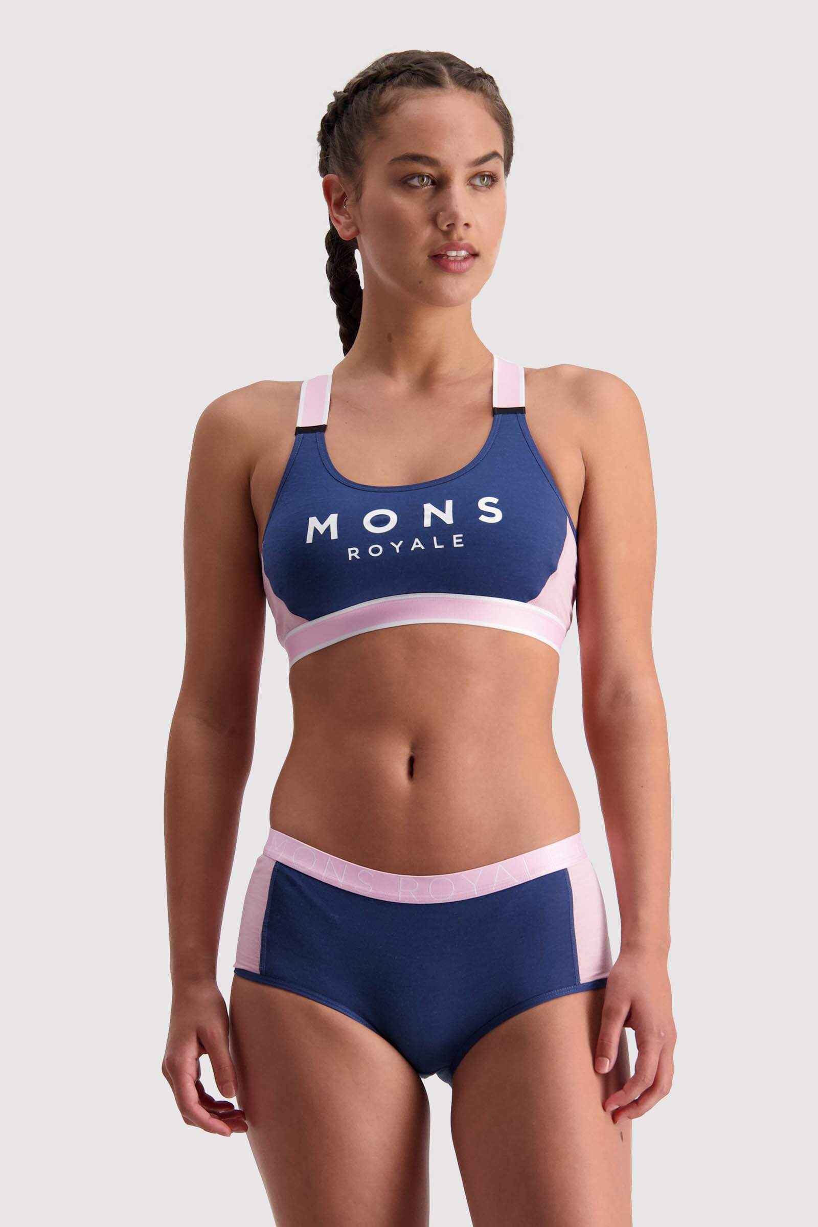 Mons Royale Stella X-Back Urheilurintaliivit - Merinovillaa, Dark Denim / Powder Pink / XS