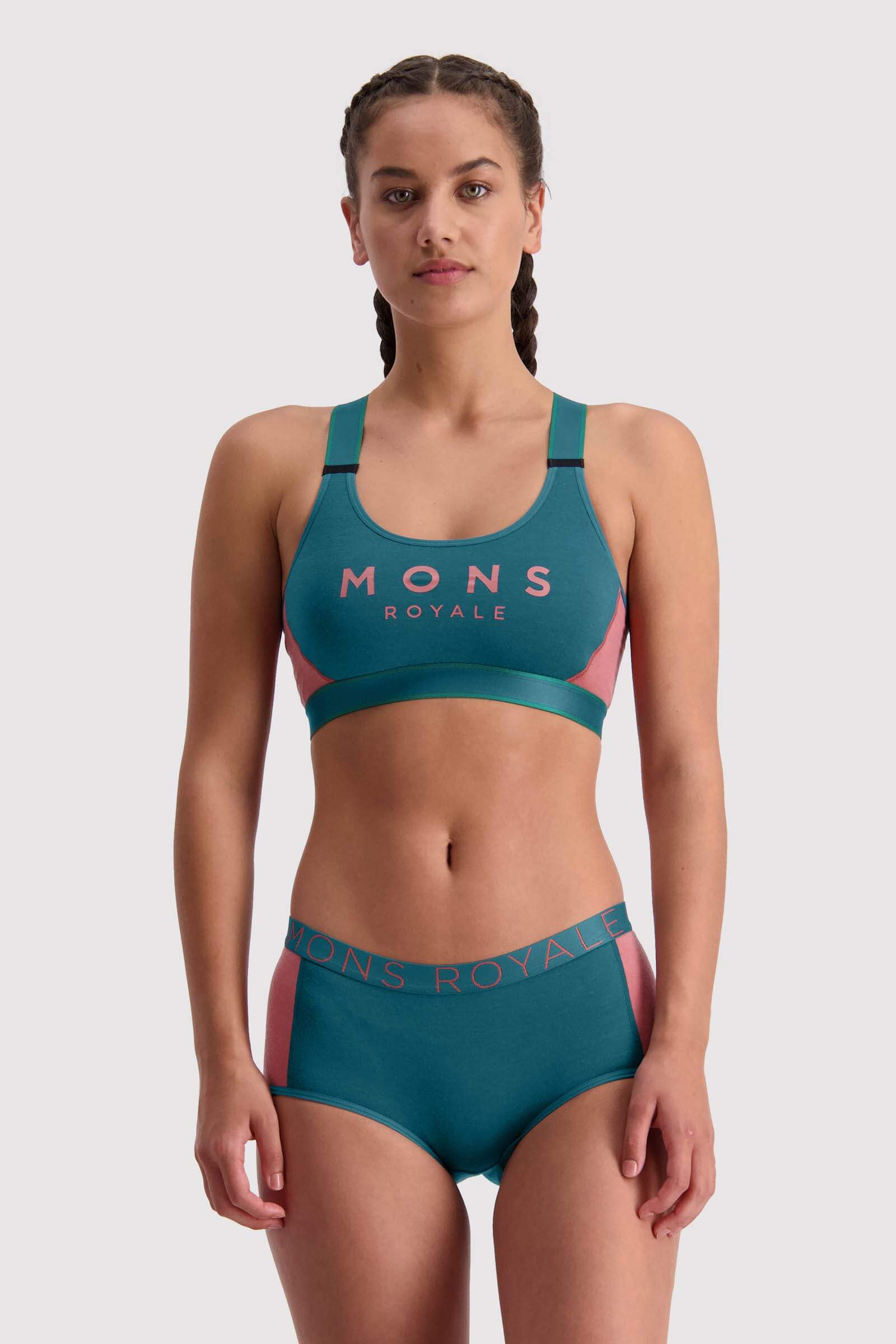 Mons Royale Stella X-Back Urheilurintaliivit - Merinovillaa, Deep Teal / Pink Clay / L