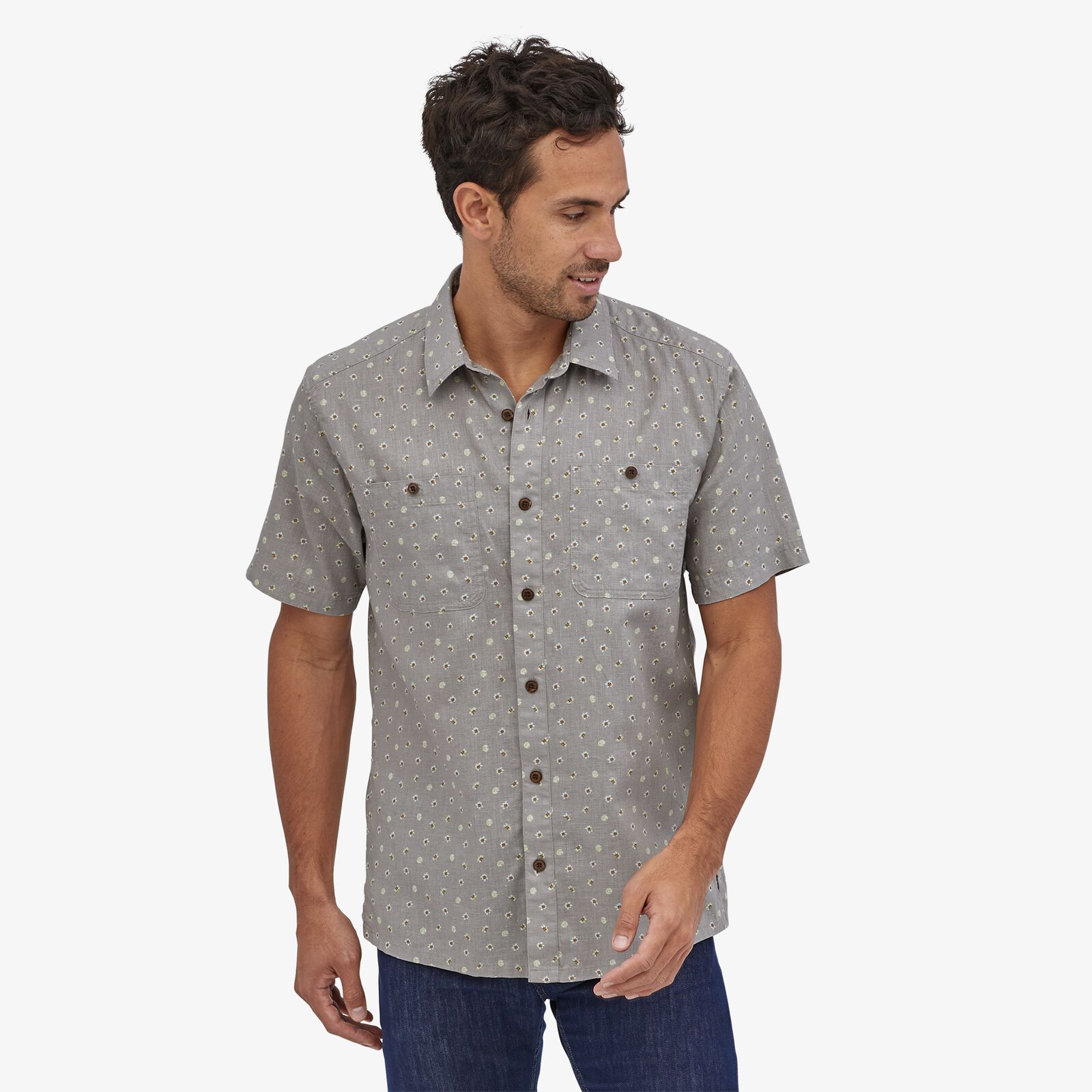 Patagonia Men's Back Step Paita - Hamppua ja luomupuuvillaa, Guava Floral Toss: Salt Grey / M